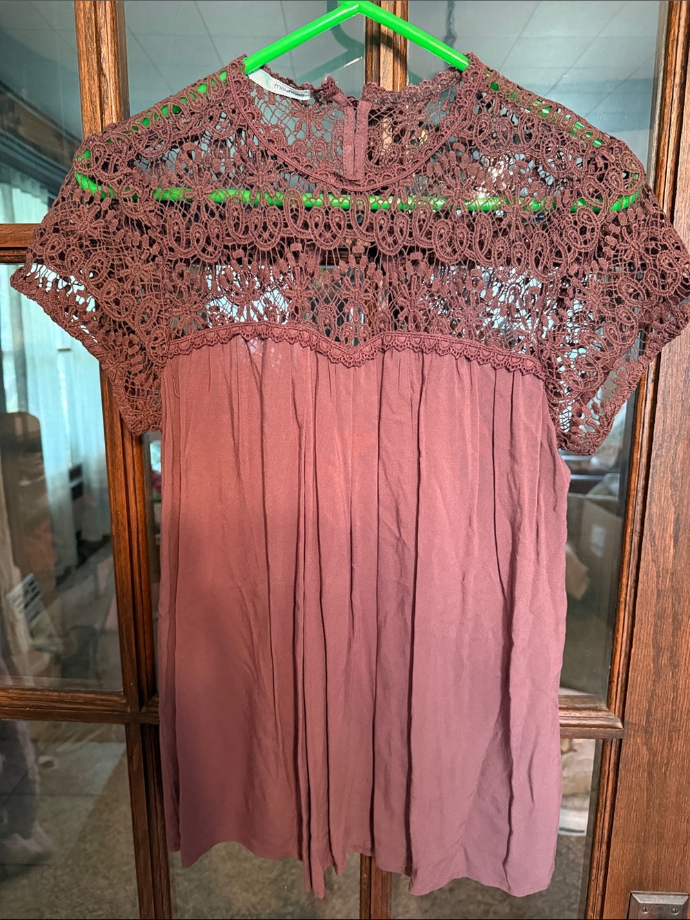 Maurices‎ Womens Brown Crochet Lace Yoke Short Sleeve High Neck Blouse Medium